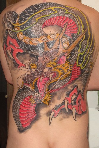 red dragon tattoo. big red and grey dragon tattoo